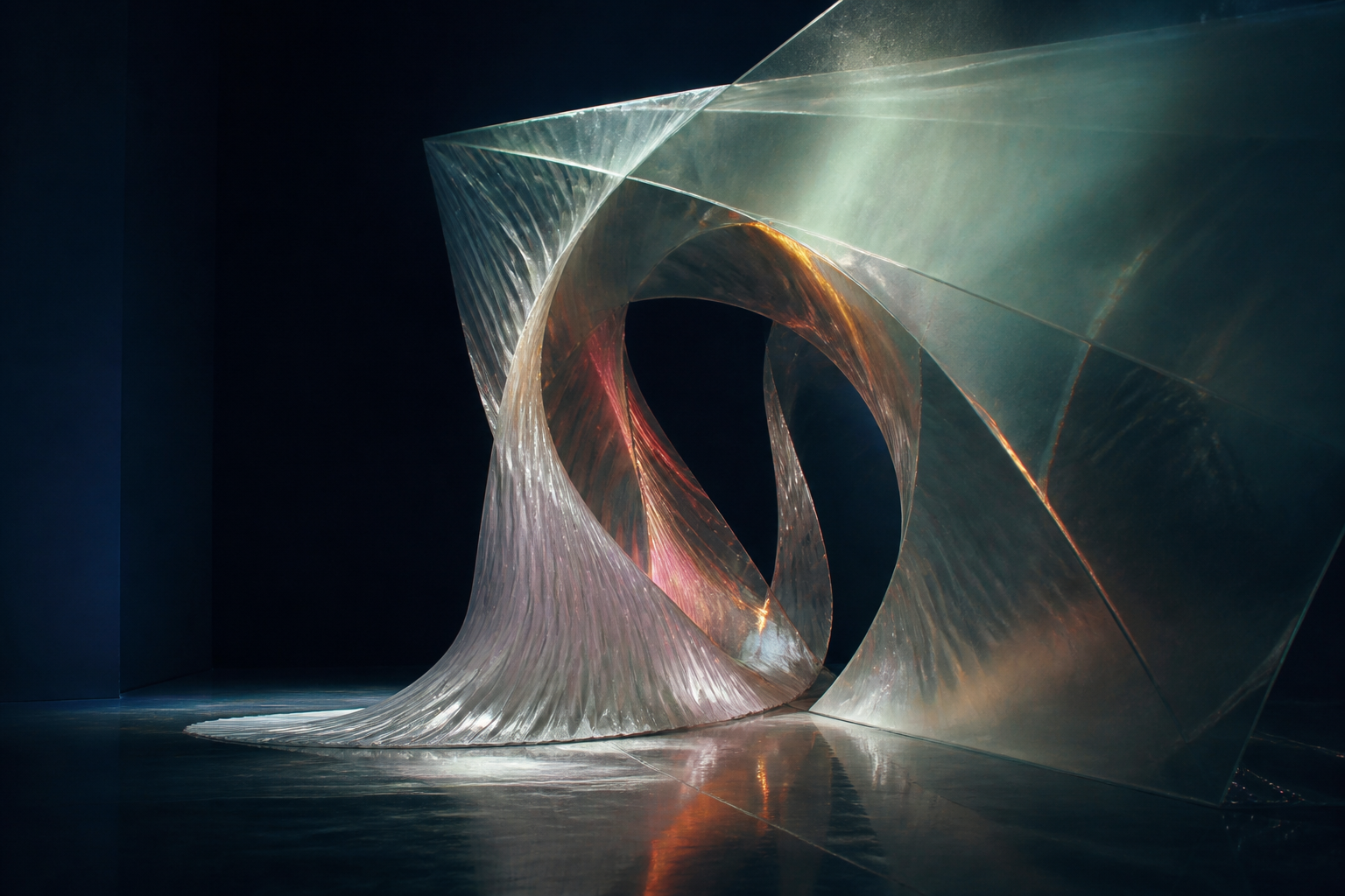 Generated installation study: pleated silver material crosses translucent glass around an impossible dark opening.