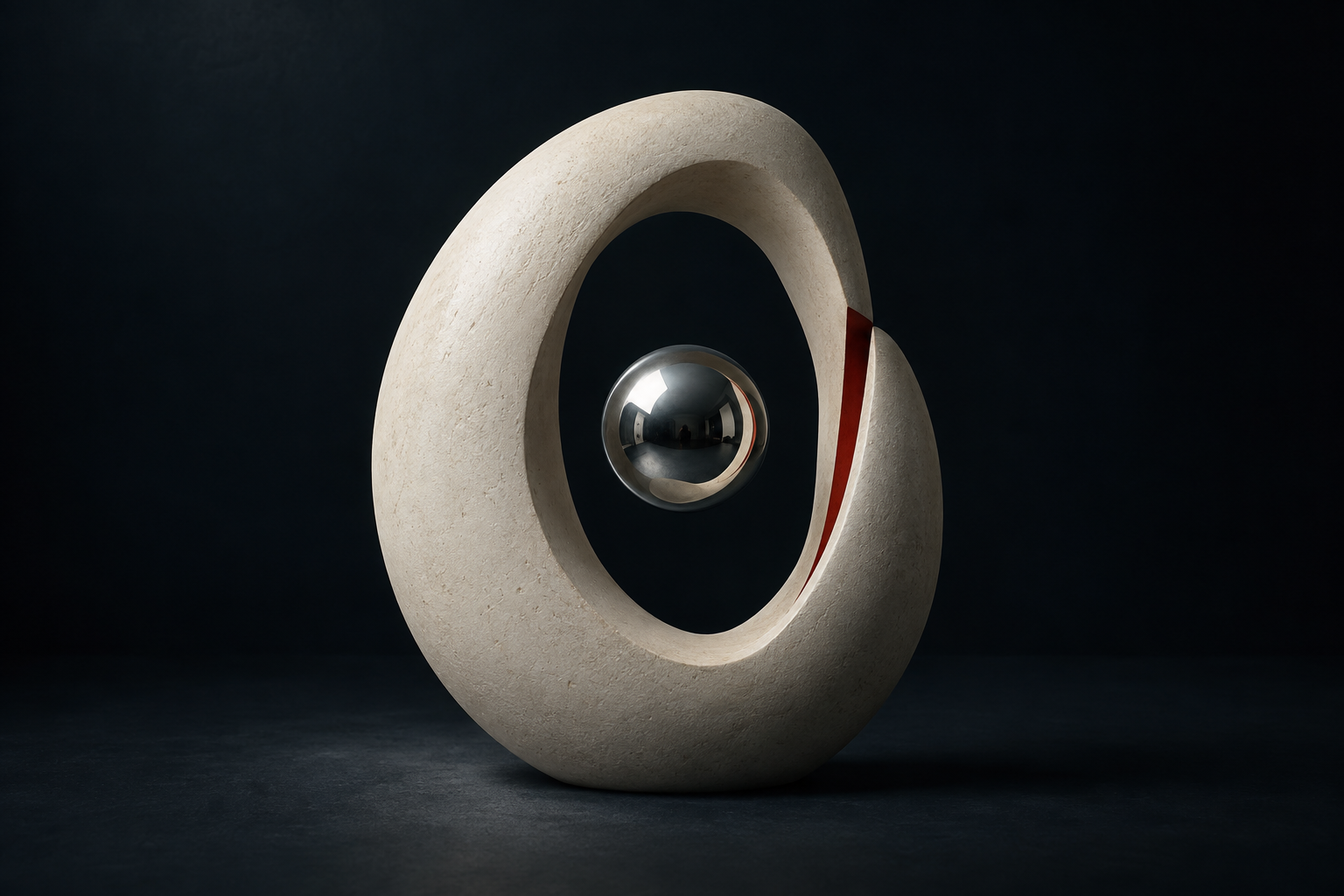 A pale ceramic loop with a vermilion cut and a silver sphere suspended in its hollow.